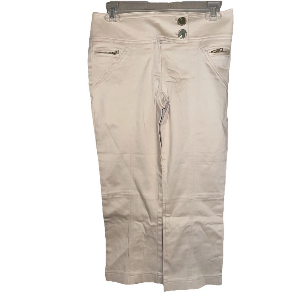 Women’s Cache Khaki Dress Pants Flat Front Buttons And Back Leg Zips Sz 2 Soft